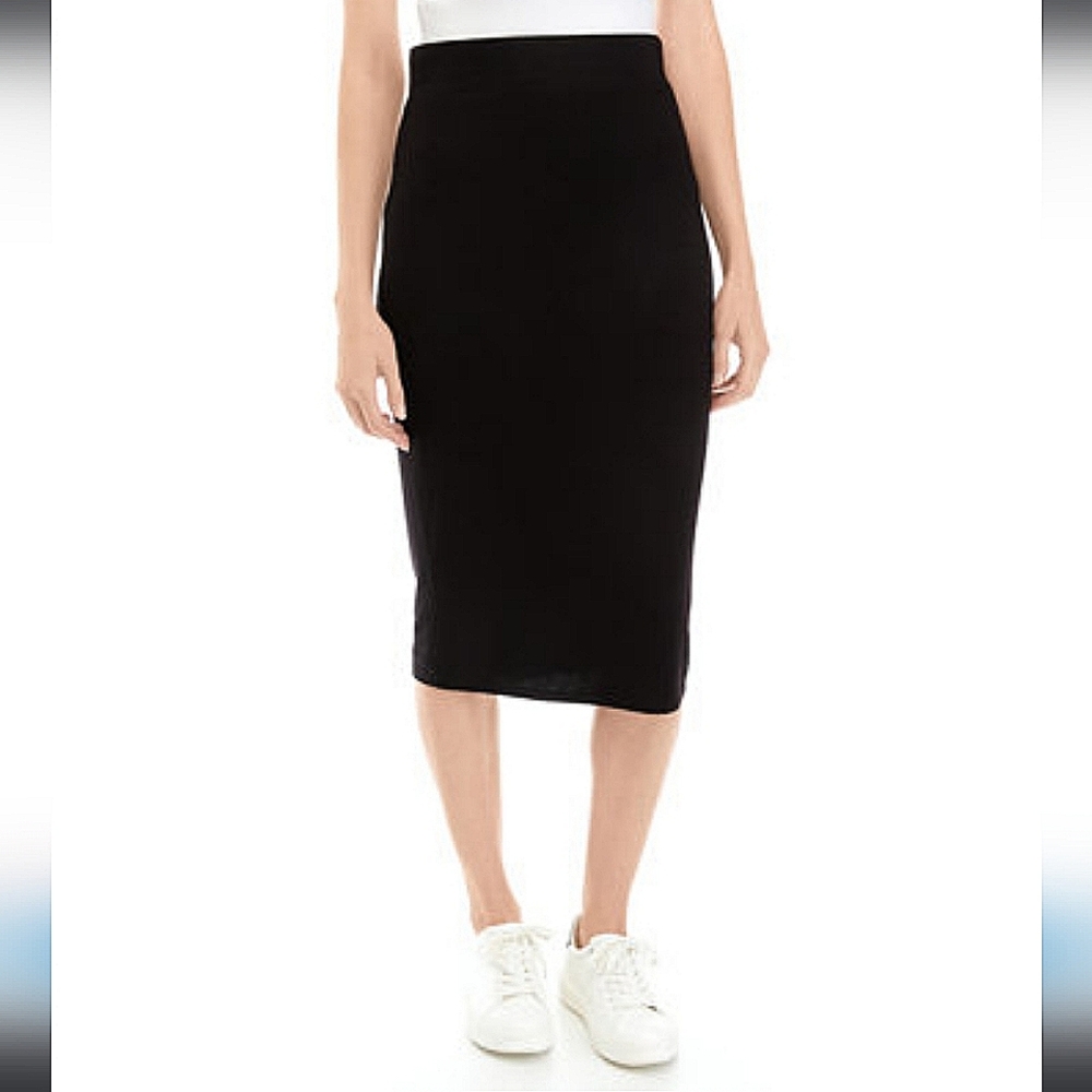 Catherine Malandrino Black Knit Jersey Midi Skirt XS Pull-On Pencil Minimal